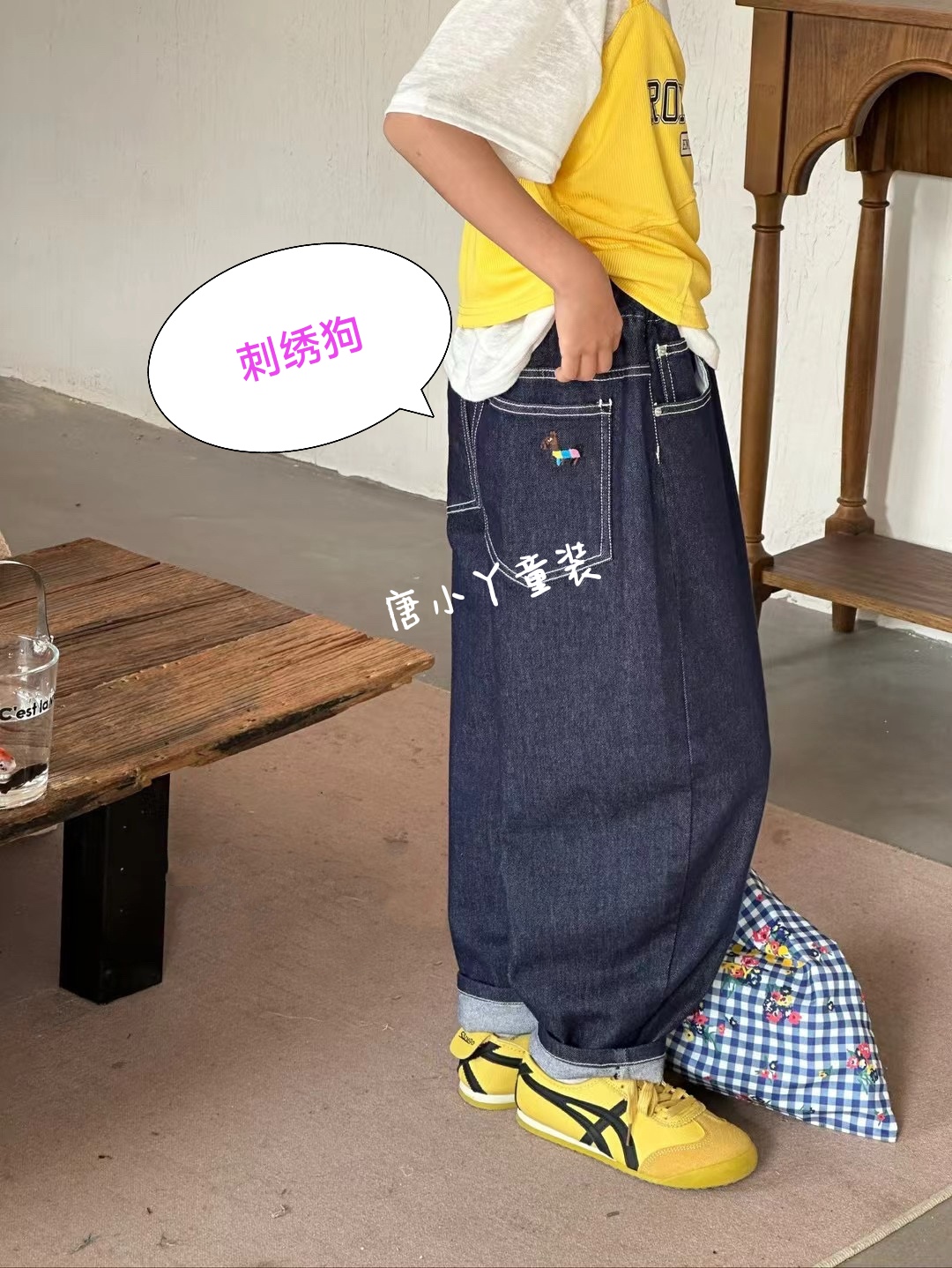 中大童原色蓝弯刀牛仔裤腊肠狗直筒刺绣街舞大学生亲子休闲裤z - 图1