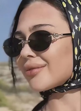 欧美复古椭圆无框切边太阳眼镜女ins网红潮流小框个性墨镜高级感