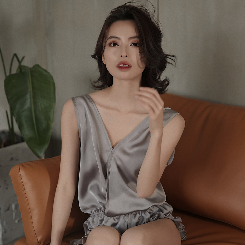 Gqueen实拍睡衣睡衣女夏季薄款无袖吊带短裤睡衣连体家居服性感夏天女士睡衣春秋2