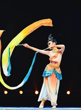 飞天舞儿童舞蹈彩绸真丝甩棒彩带古典舞飞天敦煌长绸飘带绿橙渐变