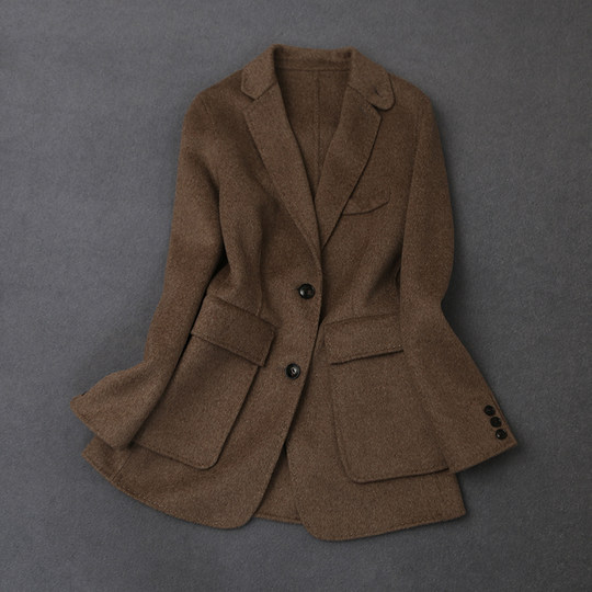 2025新款网红韩版双面羊毛呢外套单排扣修身纯色通勤呢子西装外套