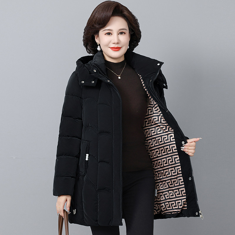 中年妈妈冬季新款亮面免洗羽绒棉服女中长款中老年人加厚保暖棉衣