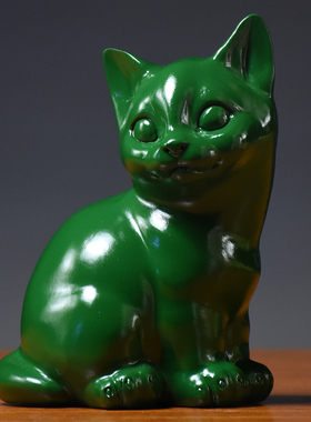 绿色实木质猫咪雕刻摆件动物木头小猫家居客厅房屋补角装饰工艺品
