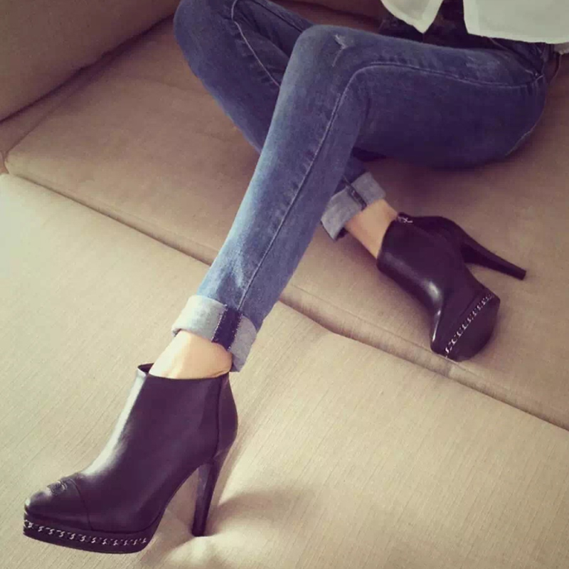 欧美真皮秋冬短靴女靴子尖头高跟细跟防水台女靴明星同款女鞋潮