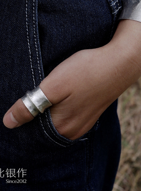 竹马戒指纯银戒指男女同款s925银镀银开口指环复古简约纯银宽面