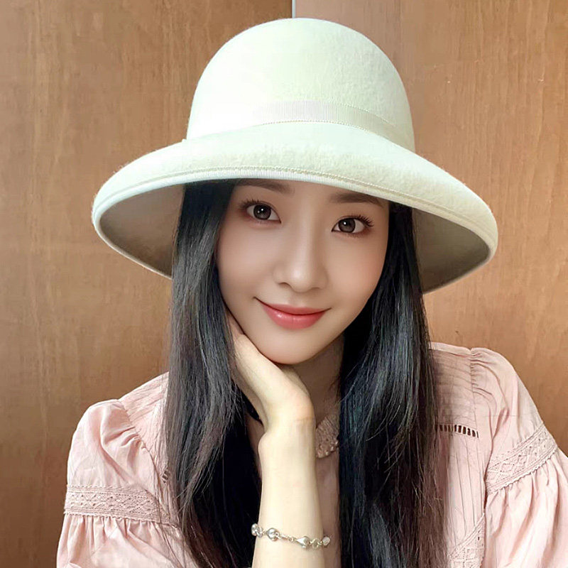 全羊毛法式大帽檐羊毛呢渔夫帽女士秋冬赫本风礼帽显脸小优雅毡帽