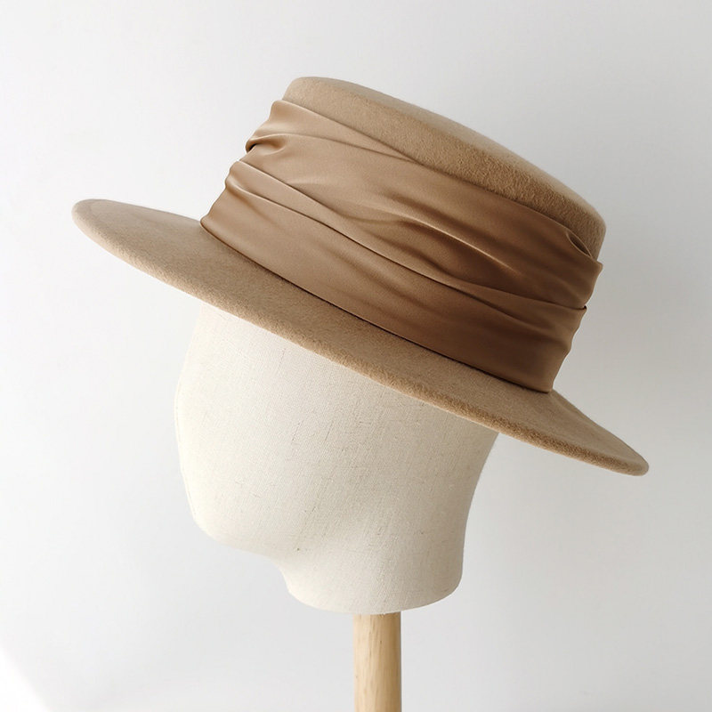 褶皱绸缎平檐羊毛呢礼帽女秋冬英伦复古显脸小毡帽优雅爵士帽子潮,淘宝优惠券,粉丝福利购,淘宝优惠卷