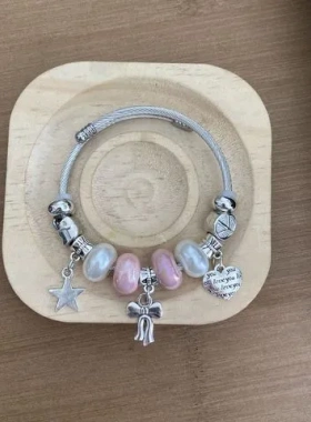 手镯开口小熊串珠手饰爱心亚马逊DIY小清新热卖不锈钢潘家多啦