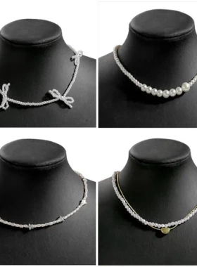 法式蝴蝶结叠戴爱心气质珍珠项链锁骨链复古女小众双层项饰温柔