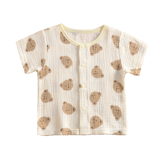 儿童夏季超薄柔软吸汗宝宝纱布短袖开衫上衣婴幼儿家居睡衣空调衣