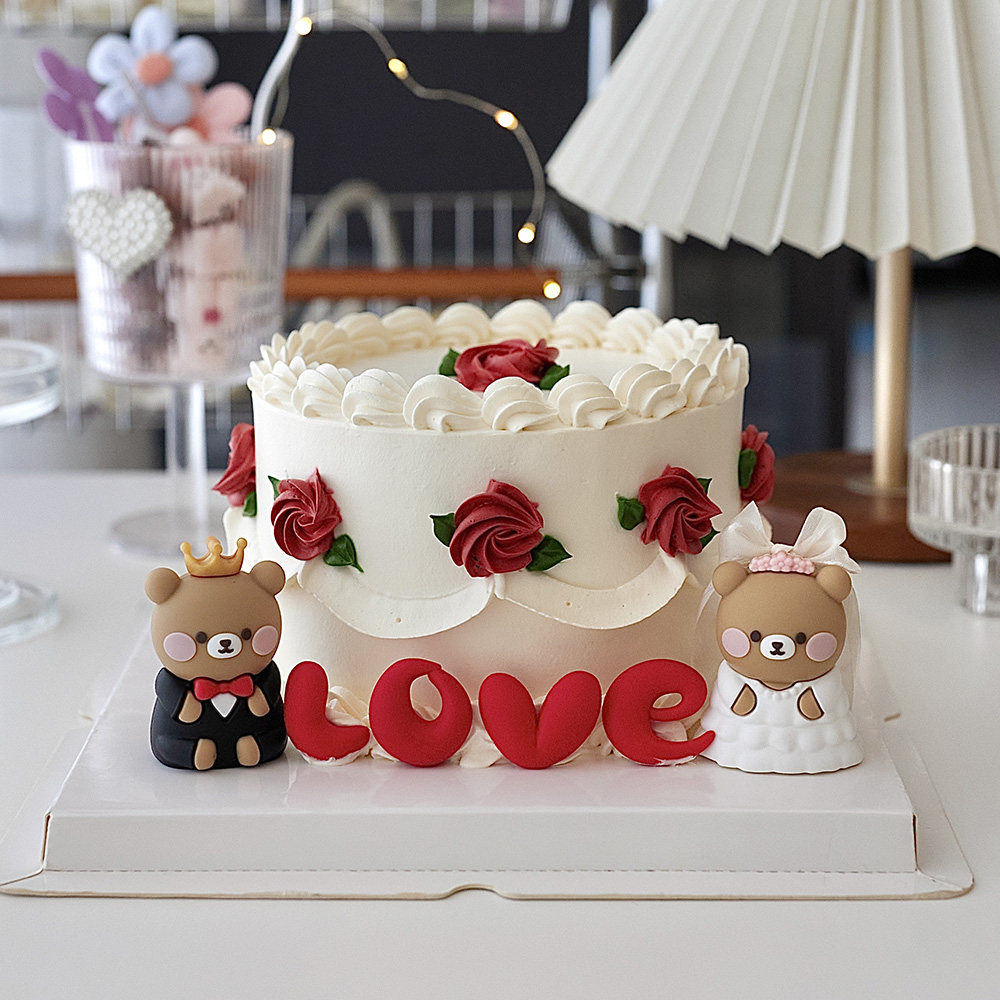 七夕情人节蛋糕装饰婚纱熊西服熊插件软胶love情侣表白装扮插件