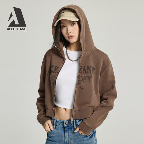 ABLE JEANS 女士春秋款潮流复古水洗纯棉短款连帽开衫卫衣外套 - 图1