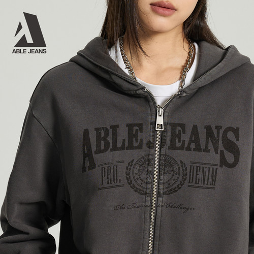 ABLE JEANS 女士春秋款潮流复古水洗纯棉短款连帽开衫卫衣外套 - 图3