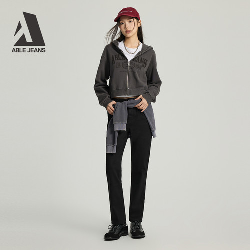 ABLE JEANS 女士春秋款潮流复古水洗纯棉短款连帽开衫卫衣外套 - 图0