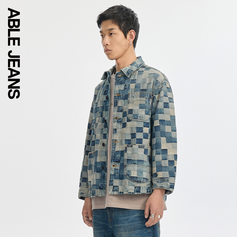 ABLE JEANS 秋季新款男士迷彩棋盘格纹提花水洗牛仔夹克外套 - 图3