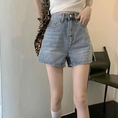 2026夏季韩版大码胖妹妹高腰开叉阔腿牛仔短裤女A字显瘦外穿热裤 - 图0