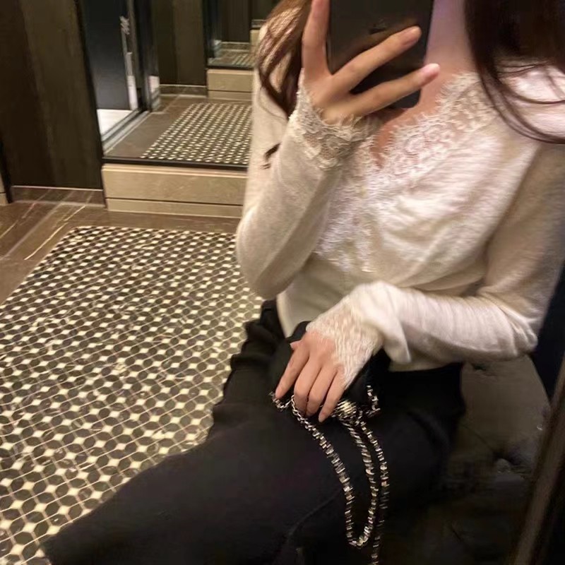 白色蕾丝小衫网纱打底衫女春秋冬大码胖妹妹毛衣内搭洋气法式上衣,淘宝优惠券,粉丝福利购,淘宝优惠卷