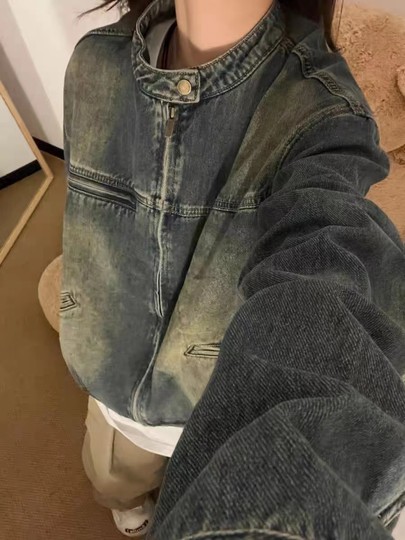American retro jacket denim distressed work jacket
