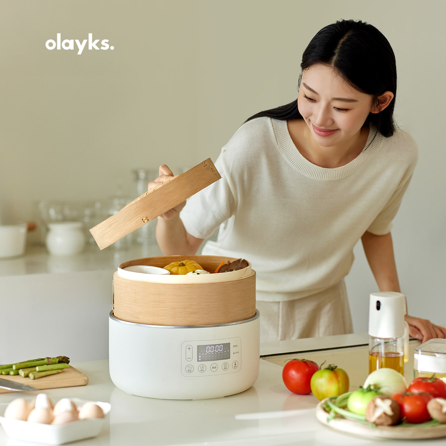 olayks竹笼电蒸锅多功能家用电蒸锅全自动早餐机蒸煮蒸包子神器