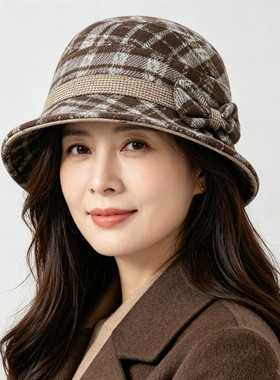 秋冬季女士奶奶保暖加厚中年帽子老人妈妈格子毛呢洋气盆帽渔夫帽