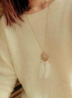 镂空羽毛复古长款项链珍珠水钻