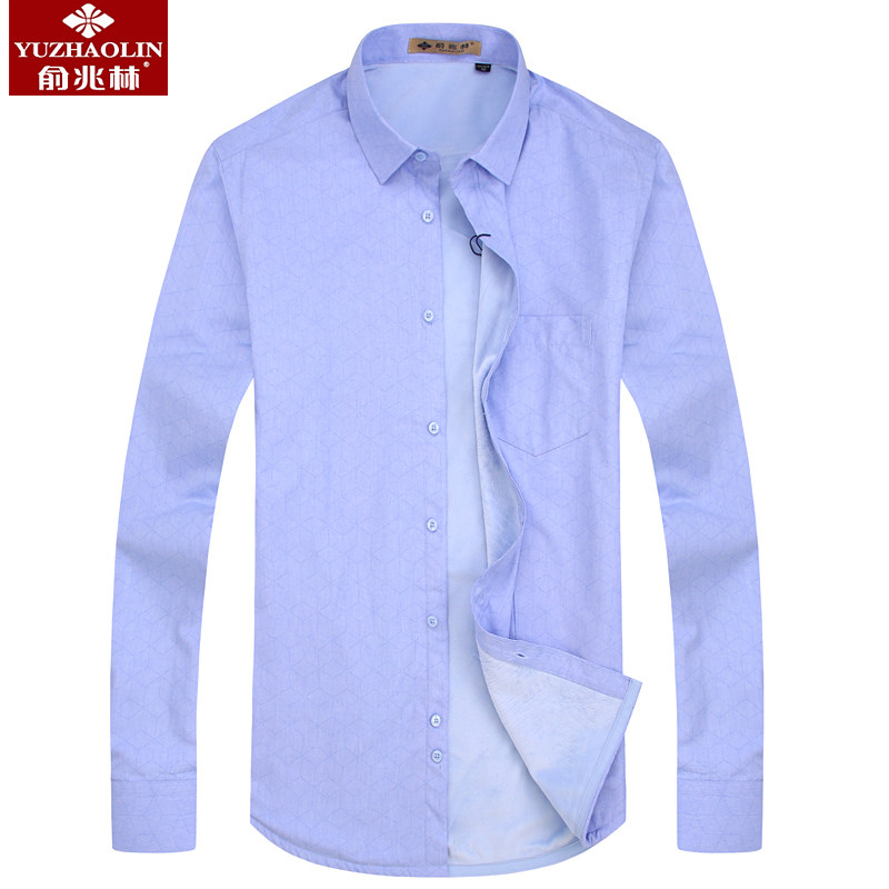 俞兆林男长袖加绒加厚蓝色格纹衬衫 桔都服饰衬衫