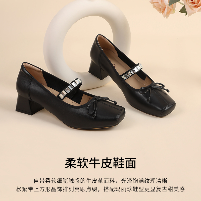 皮尔卡丹女鞋真皮蝴蝶结玛丽珍鞋女粗跟方头浅口单鞋女百搭小皮鞋 - 图3