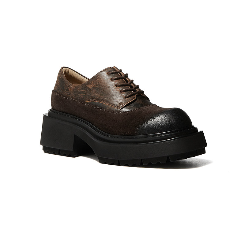 皮尔卡丹女鞋摩登做旧潮流百搭反绒拼接德比高粗跟系带深口单鞋女,淘宝优惠券,粉丝福利购,淘宝优惠卷