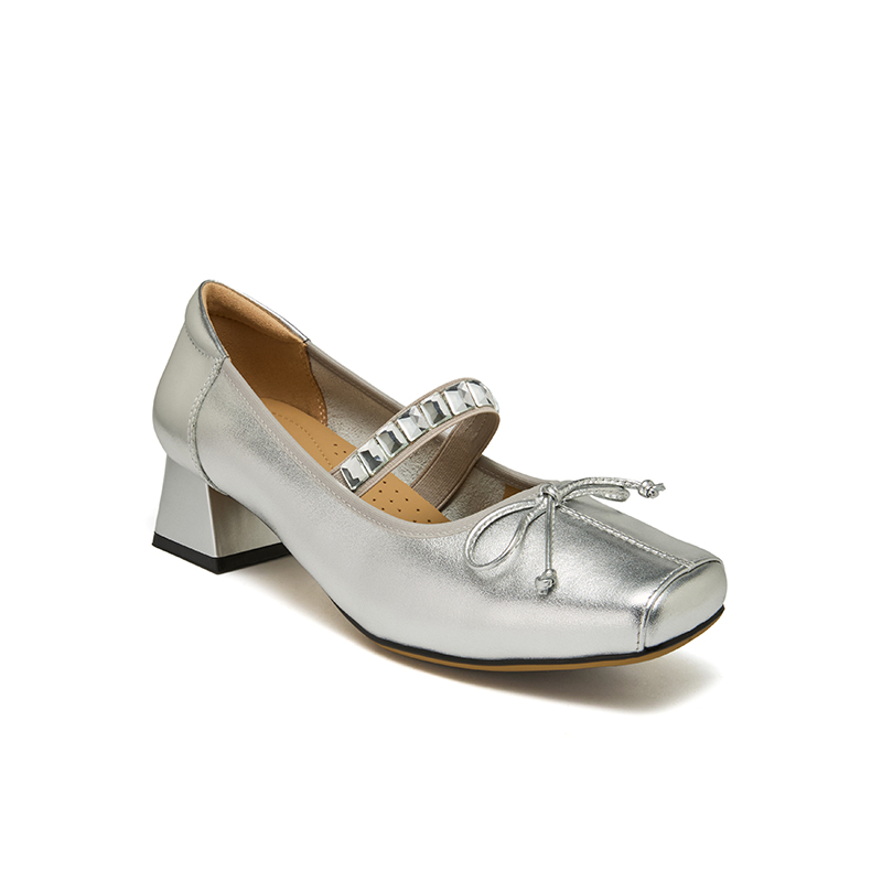 皮尔卡丹女鞋真皮蝴蝶结玛丽珍鞋女粗跟方头浅口单鞋女百搭小皮鞋 - 图0