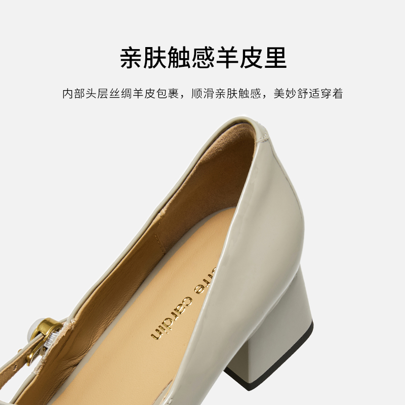 皮尔卡丹女鞋真皮法式复古气质一字形玛丽珍鞋通勤中跟单鞋女百搭 - 图2