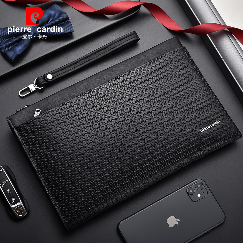 皮尔卡丹男士软头层牛皮休闲手拿包 麦带箱包男士包袋