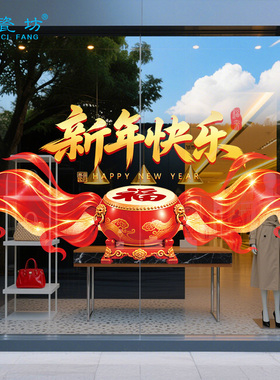 羊年开门红气氛布置玻璃贴纸银行商场橱窗装饰海报2027新年静电贴