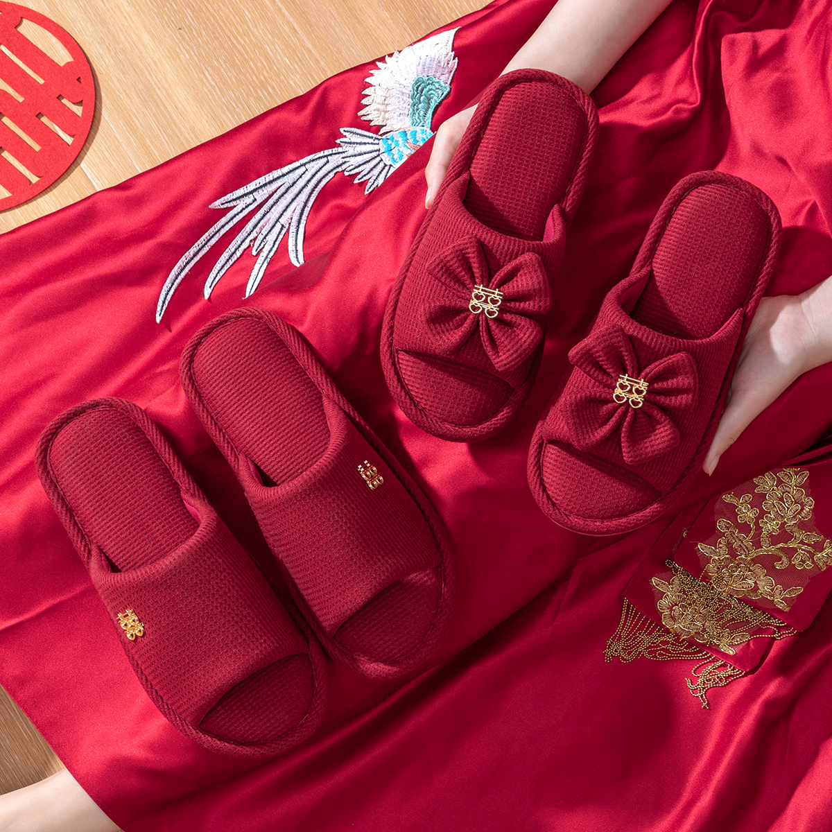 红色拖鞋结婚喜庆一对高级新婚新娘陪嫁轻奢婚庆婚礼情侣晨袍婚鞋,淘宝优惠券,粉丝福利购,淘宝优惠卷