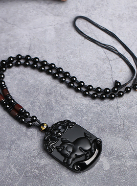 黑曜石十二生肖本命年项链吊坠男