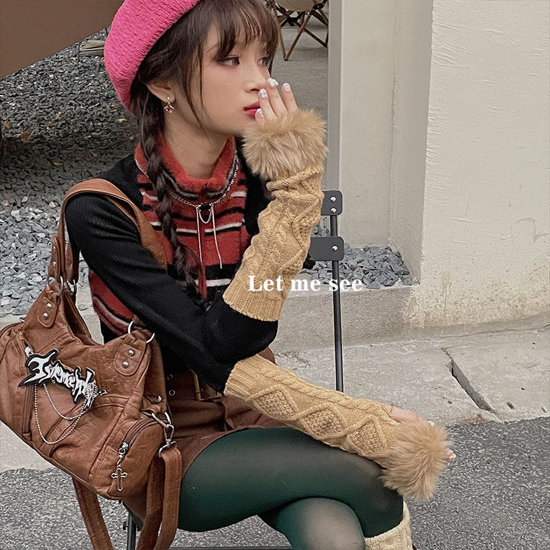 LET ME SEE毛毛半指手套Y2K辣妹纯色针织袖套冬季保暖个性潮搭,淘宝优惠券,粉丝福利购,淘宝优惠卷