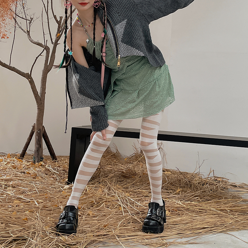 LET ME SEE日系亚文化Lolita连裤袜绷带条纹显瘦秋冬打底袜女 - 图0