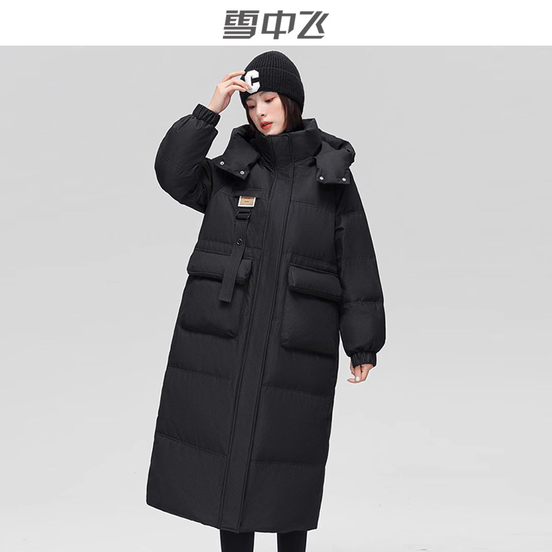 雪中飞羽绒服女中长款新款冬季连帽宽松时尚加厚保暖休闲外套