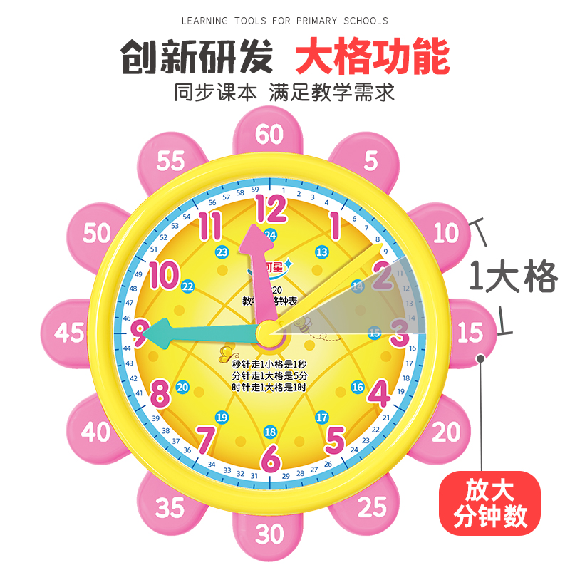 教学大格钟表钟表模型小学教具时钟教具一二年级小学生学习认识时间12/24小时三针联动数学钟面学具教学用 - 图0