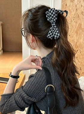 早秋新款格纹蝴蝶结香蕉夹女气质显发量百搭高马尾竖发夹发饰
