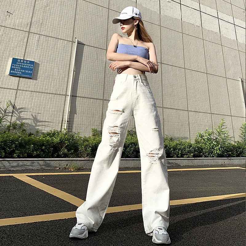 白色软牛仔阔腿裤女2020休闲裤子 艾莲奴休闲裤