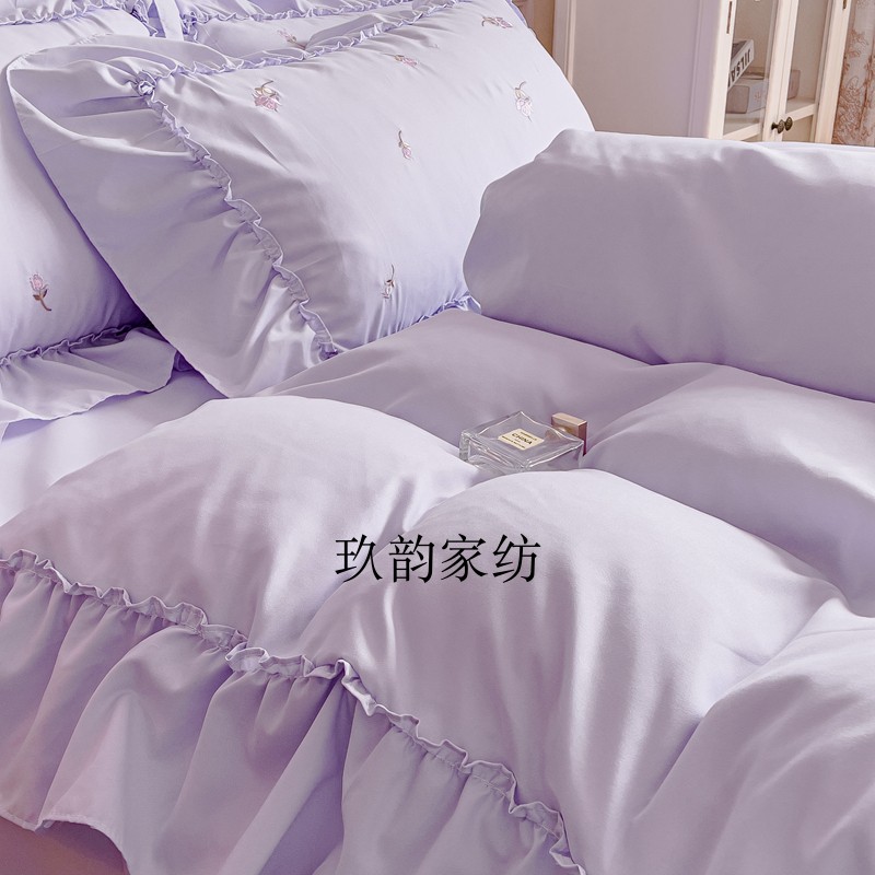 韩式风水洗棉磨毛紫色床单三件套浪漫花边网红被套少女四件套1.5m-图0