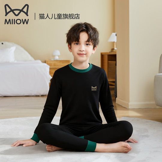 Catman Ropa de Otoño para Niños y Pantalones de Otoño 100% Algodón Conjunto de Ropa Interior de Cuello Pequeño y Mediano para Niños Algodón Puro Medianos y Grandes Ropa Interior para Niños Adolescentes