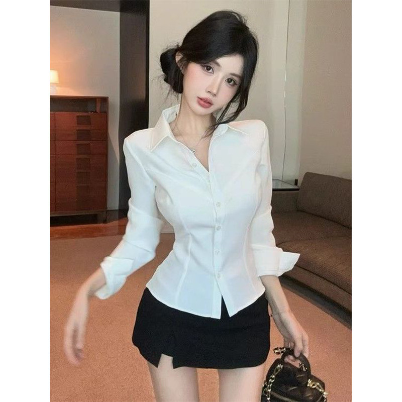 法式御姐气质POLO领修身长袖衬衫jk制服女秋冬收腰感小众职业衬衣,淘宝优惠券,粉丝福利购,淘宝优惠卷