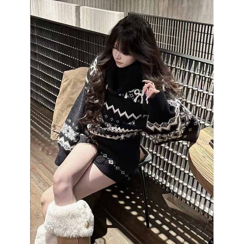巨好看的深秋冬装搭配一整套费尔岛黑色高领毛衣针织短裤两件套装,淘宝优惠券,粉丝福利购,淘宝优惠卷