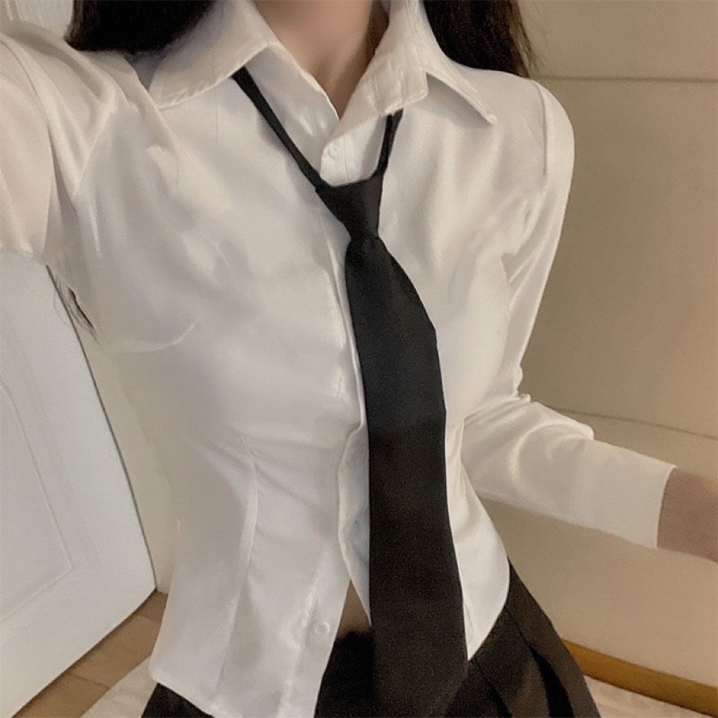 气质纯欲风新款白衬衫女修身显瘦收腰衬衣设计感小众长袖别致上衣_虎窝淘