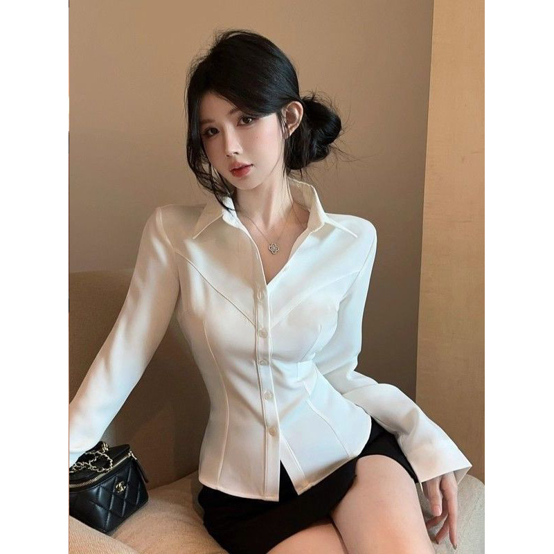 法式御姐气质POLO领修身长袖衬衫jk制服女秋冬收腰感小众职业衬衣,淘宝优惠券,粉丝福利购,淘宝优惠卷