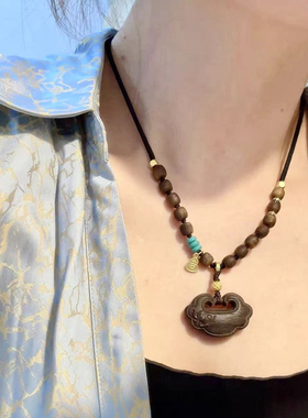 越南沉香大如意锁吊坠项链毛衣链 搭配精编棋楠沉香链子