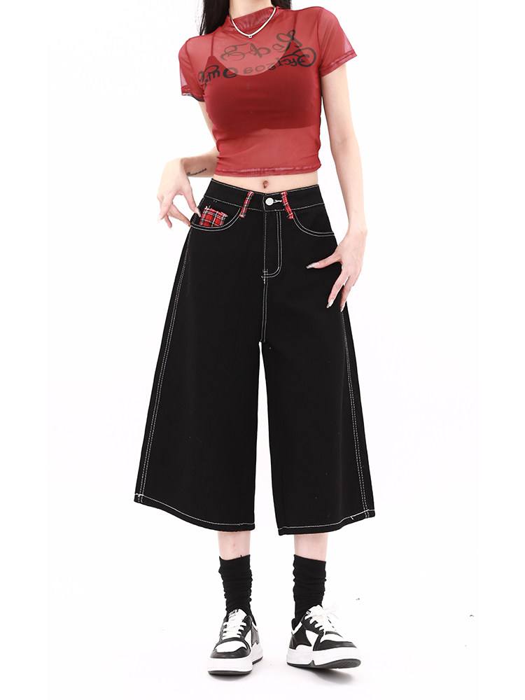 PMORH 美式复古格子拼接牛仔七分裤女秋冬低腰宽松黑色工装中短裤,淘宝优惠券,粉丝福利购,淘宝优惠卷