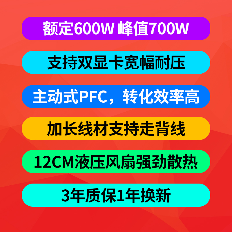 金河田智能芯780GT电脑主机箱电源台式机静音电源600W峰值700W-图2