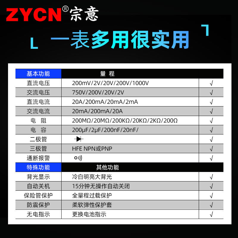 宗意高精度数显式万用数字万用表 宗意万用表
